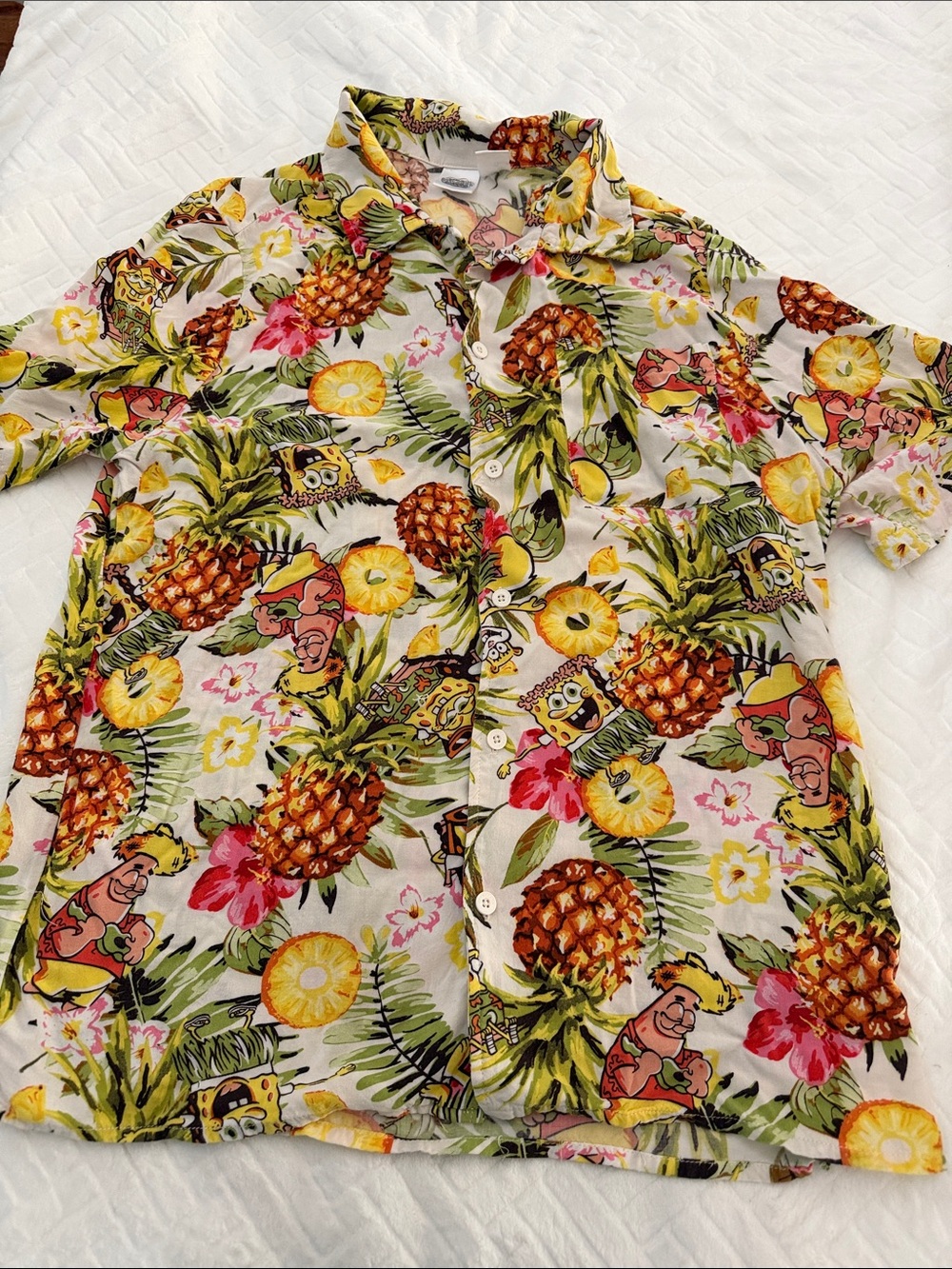 Men's Sponge Bob Tropical Print Short Sleeve Shirt - Yellow/Green